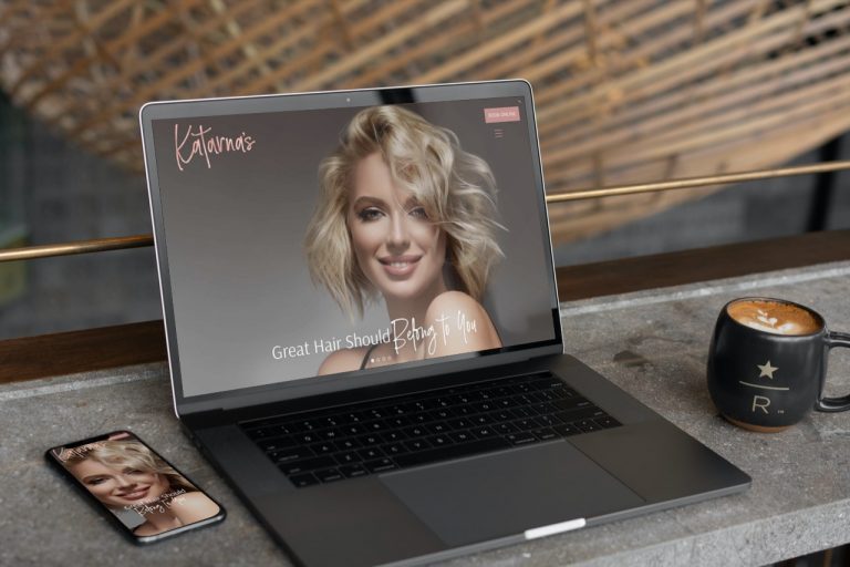 A mockup of the Katarnas Hair Studio website on a laptop and smartphone on a bench with a coffee