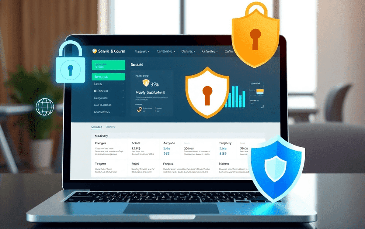 A laptop displaying a secure website dashboard, surrounded by cybersecurity symbols like a padlock and shield, set in a professional office environ...