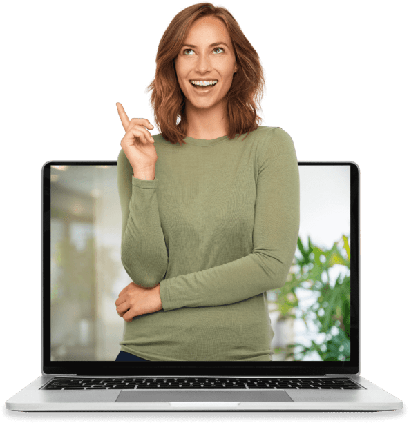 A smiling lady coming out of computer screen pointing and eyes looking where she is pointing