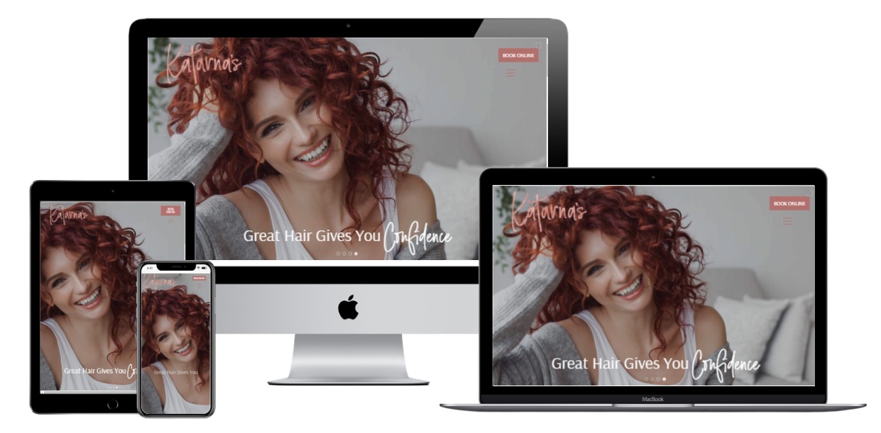4 different views of the Katarnas Hair Studio Website as a Mockup on desktop, laptop, tablet and smartphone