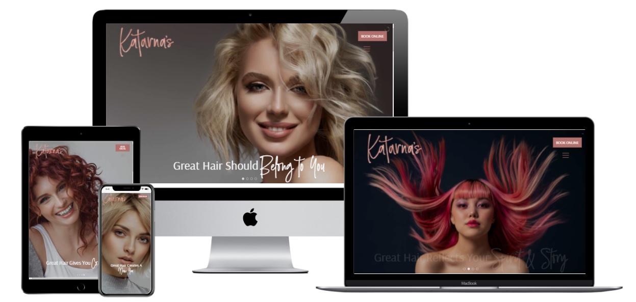 4 different views of the Katarnas Hair Studio Website as a Mockup on desktop, laptop, tablet and smartphone